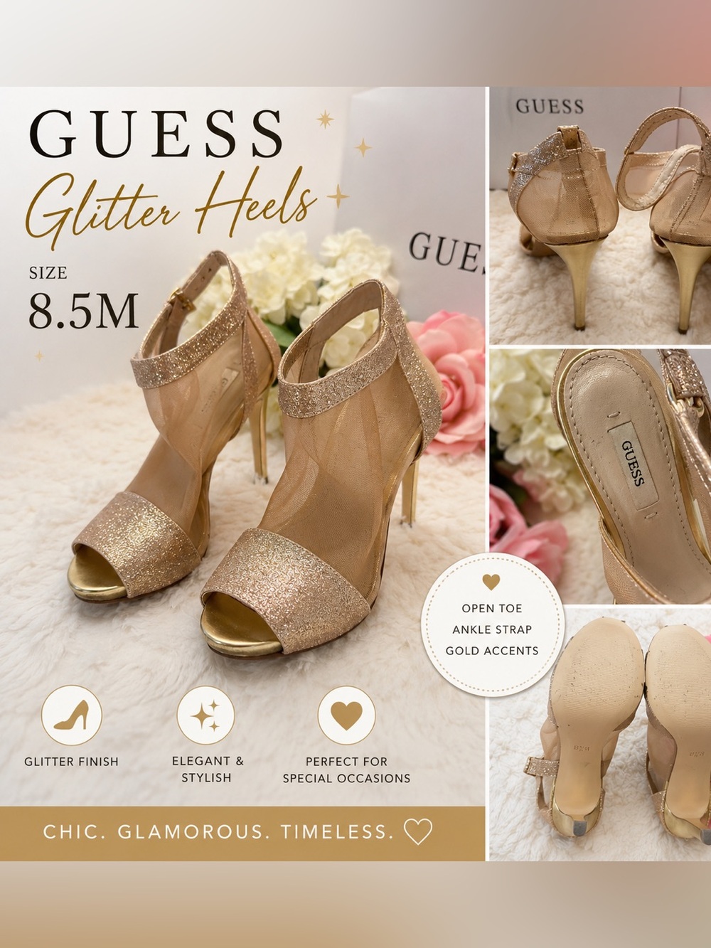 GUESS Gold Glitter Mesh Open-Toe Ankle Strap Heels